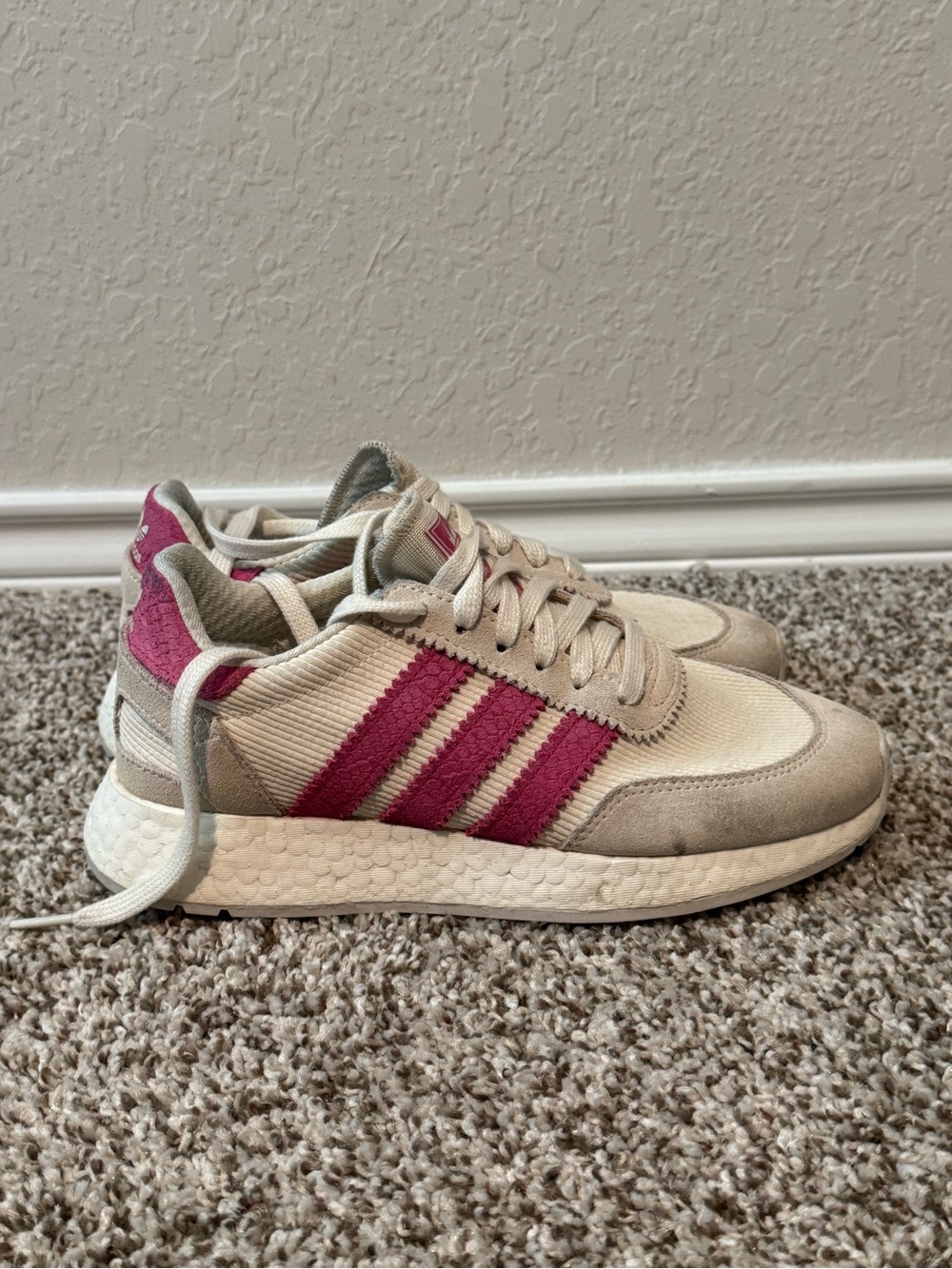 adidas Beige Sneakers with Pink Stripes